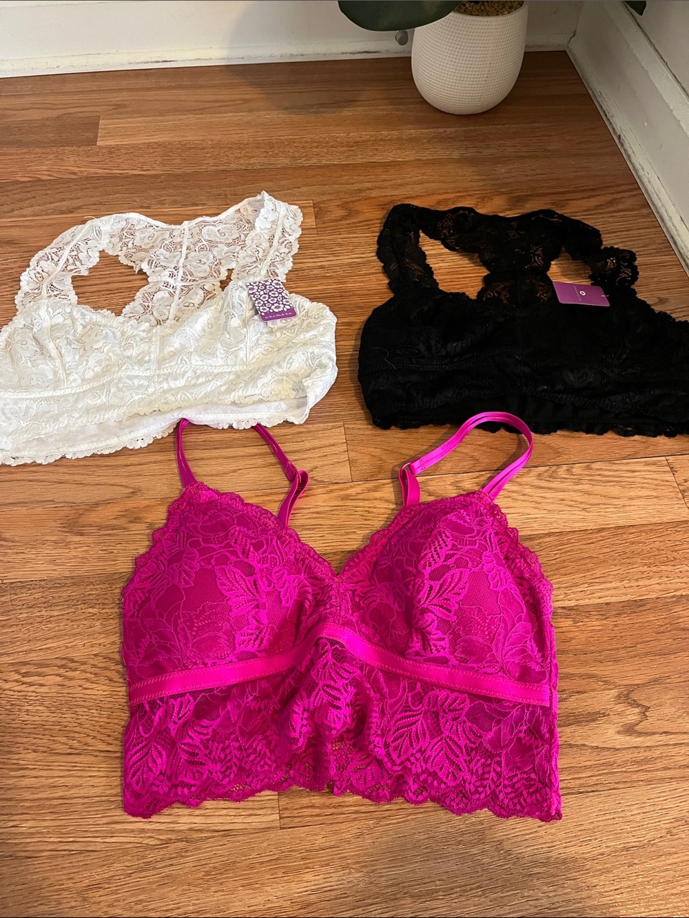 Auden Lace Bralette Trio — White, Black & Hot Pink